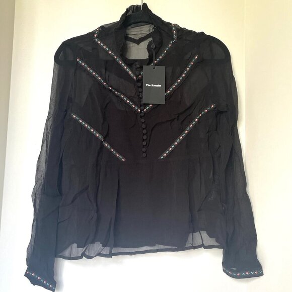 The Kooples Women’s XS Black Floral Ruffle Top Long Sleeve Mock Neck Whimsigoth - Picture 4 of 9